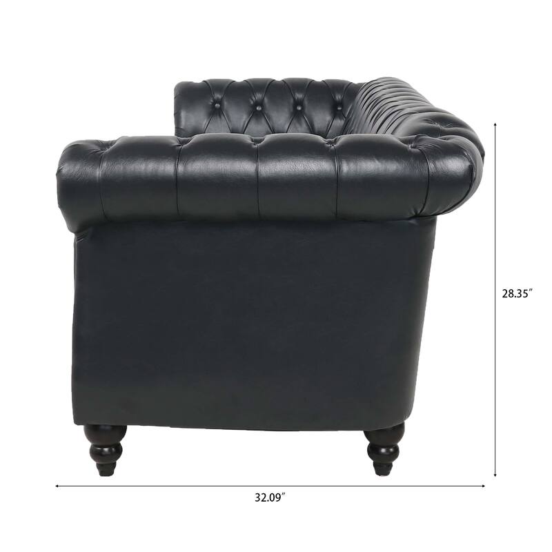 84.65" PU Chesterfield Sofa with Pocket Springs, Birch Legs, Comfortable 3-Seater