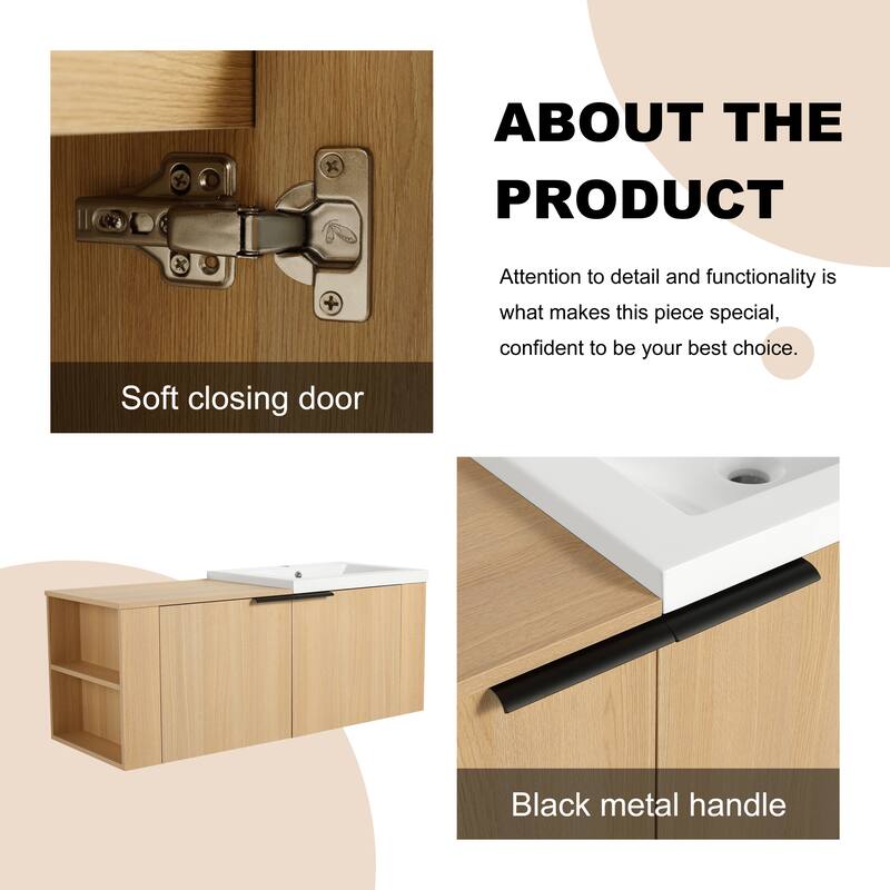 BNK 24"/48" Single Sink Bathroom Vanity with Soft Close Door and Shelf, Modern Floating Vanity