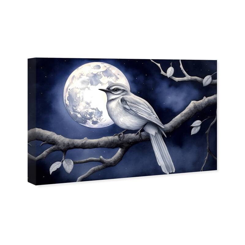 Wynwood Studio Canvas Animals Moonlit little bird Blue and Navy Blue Traditional Wall Art Canvas Print