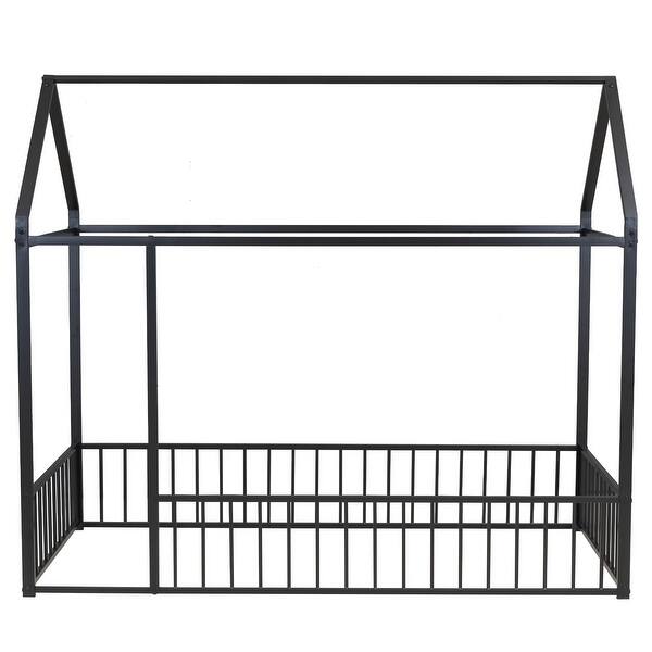 slide 2 of 9, Twin Size Montessori Floor Bed House Bed Frame with Fence Rails, Black Black - Twin