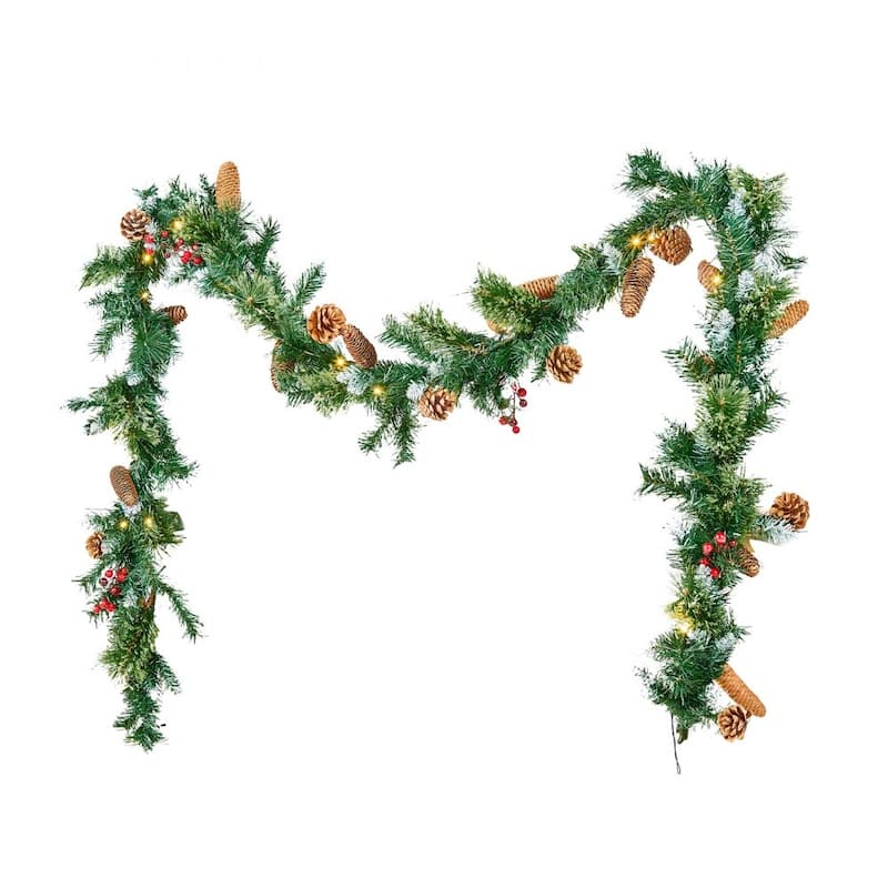 Holiday Greenery Garland 9ft Long with Warm White LED Lights and Lifelike Pinecones - 108.27” x 11.02” x 5.91”