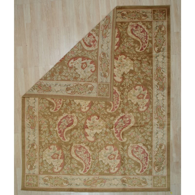 Beige Handwoven Wool Transitional Rug 9'2 x 11'5 - Hand Knotted Spun Wool Surged Edge Elegant Design - N/A
