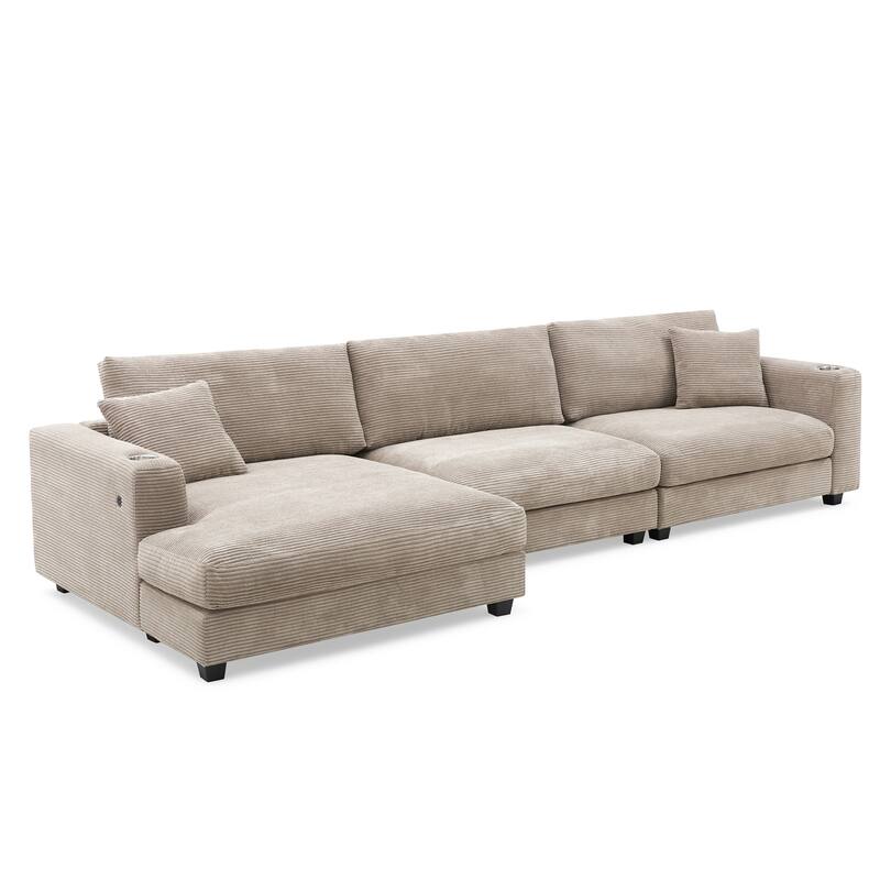 Spacious 4-Seater Corduroy Cloud Couch with Chaise, USB Charging Ports, and Cup Holders