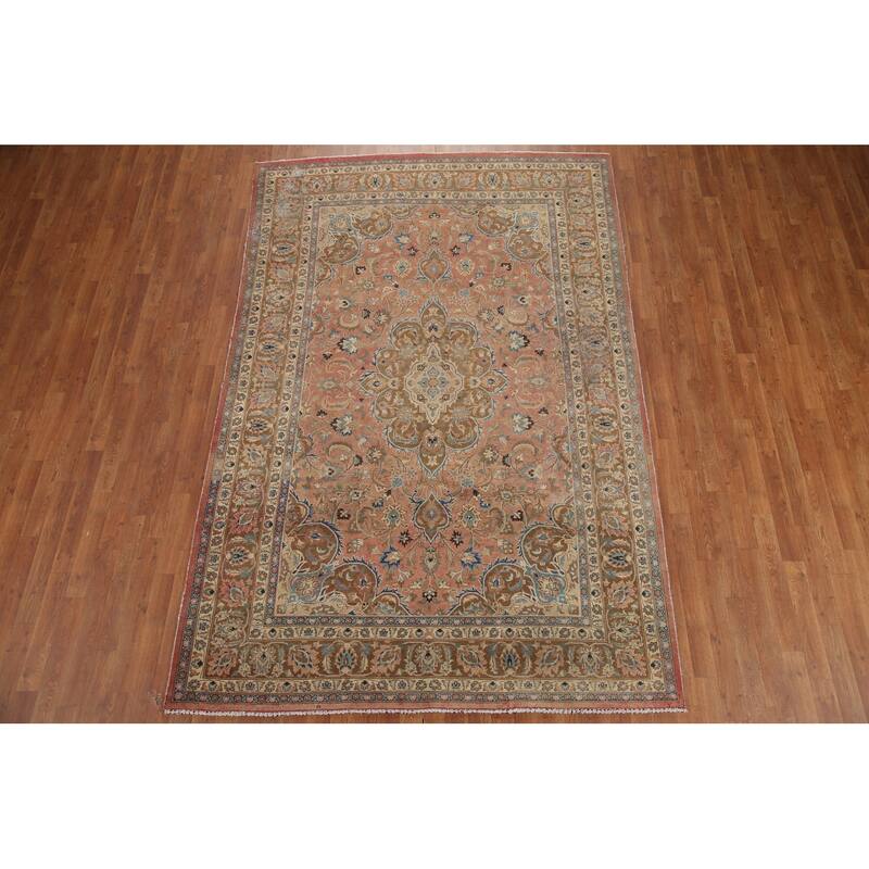 Hand Knotted Oriental 100% Wool Carpet Traditional Floral Pink Mashad Area Rug - 9' 6'' X 6' 3''