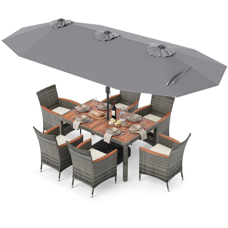 Gymax 8-Piece Patio Dining Set w/ Double-Sided Market Umbrella Acacia - Grey