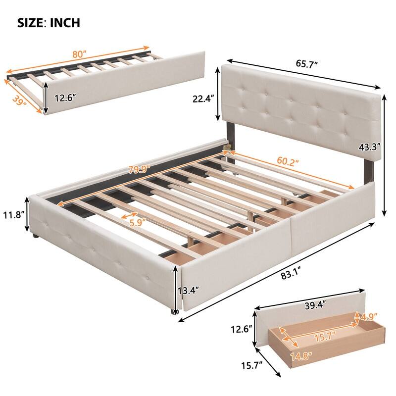 Queen Size Bed with 2 Storage Drawers and a Twin XL Trundle, Upholstered Platform Queen Bed Frame with Tufted Headboard