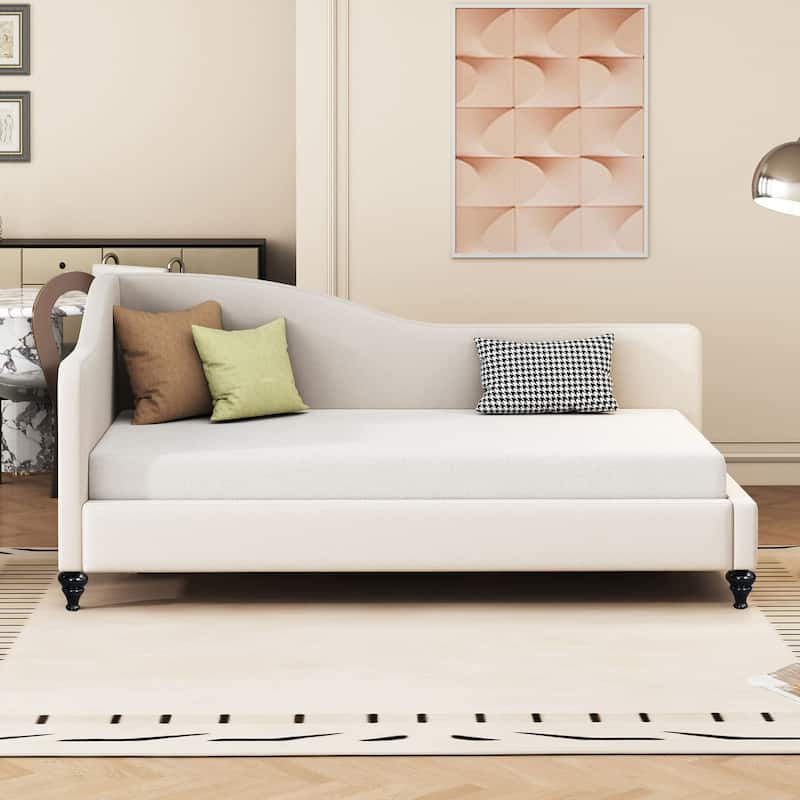 L-Shaped Linen Daybed with Solid Wood Legs - Beige - Twin