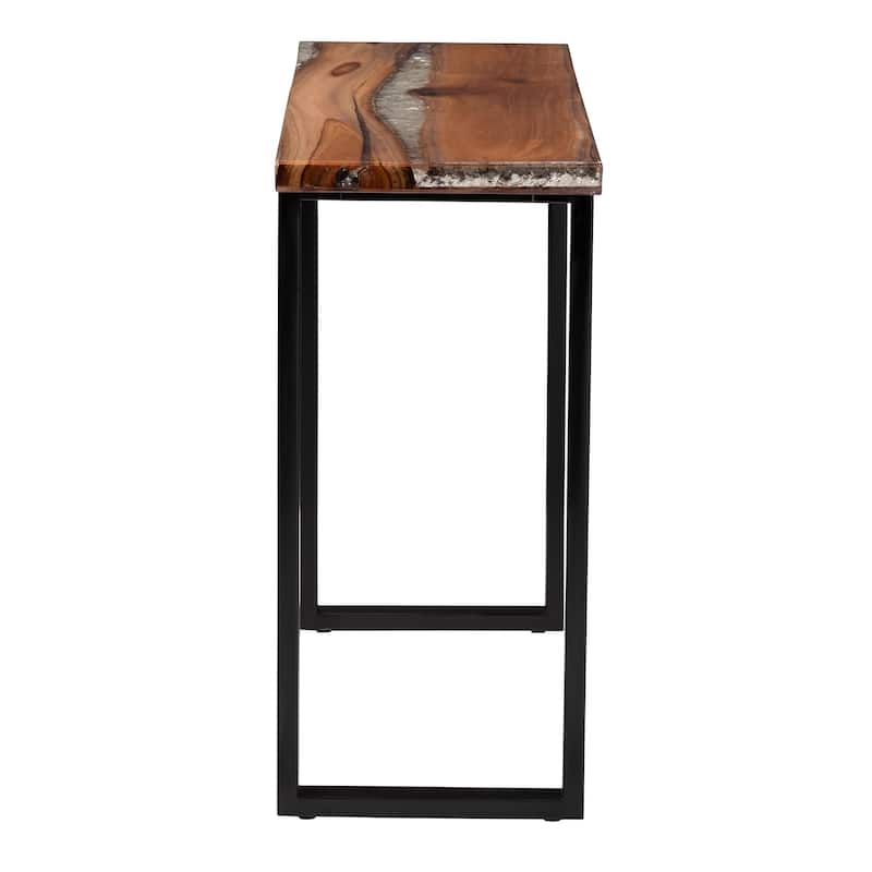 Apio Wood Epoxy Resin Console Table with Glass Inlay - Rectangular Live Edge Teak Wood Accent Table with Black Metal Base