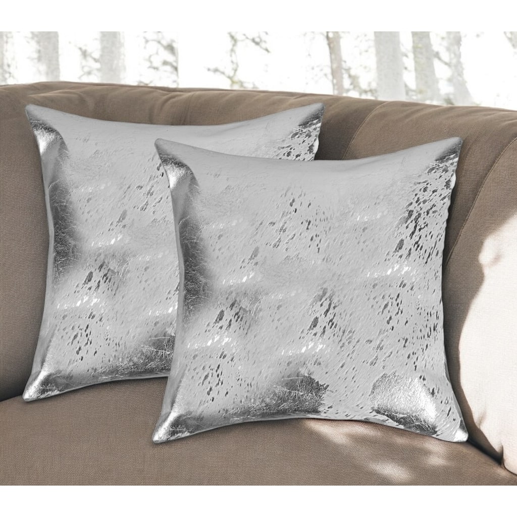 Set of Two 18" Gray and Silver Abstract Cowhide Throw Pillows with Glitter