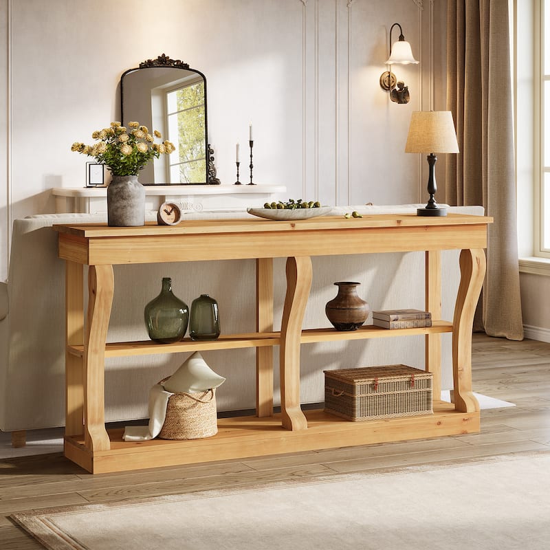63 Inch Solid Wood Console Table for Entryway, 3-Tier Storage Shelves