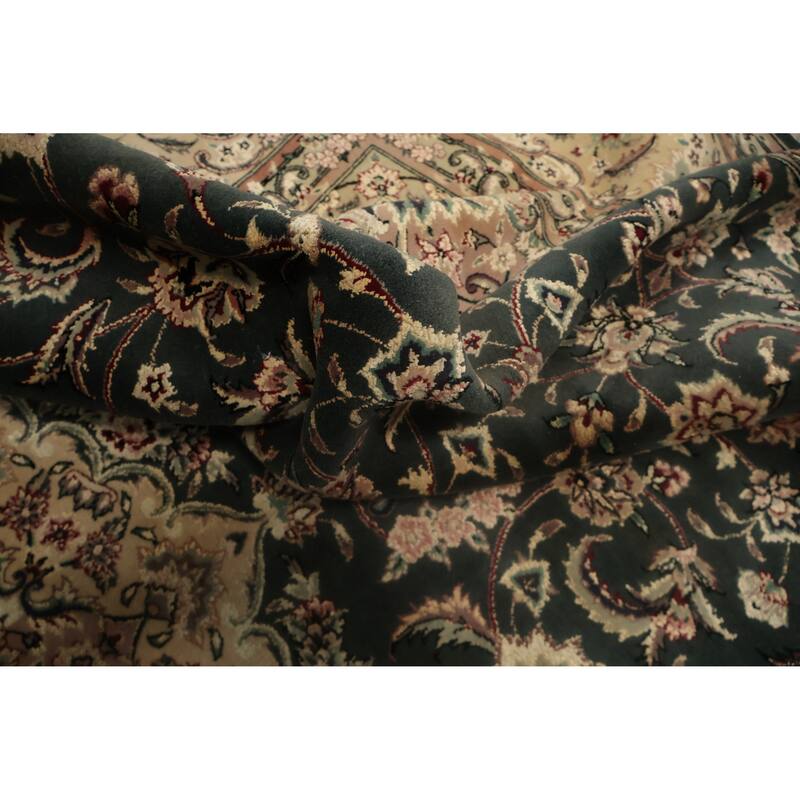 Hand Knotted Oriental Wool & Silk Carpet Traditional Floral Green Aubusson Area Rug - 9' 0'' X 6' 2''