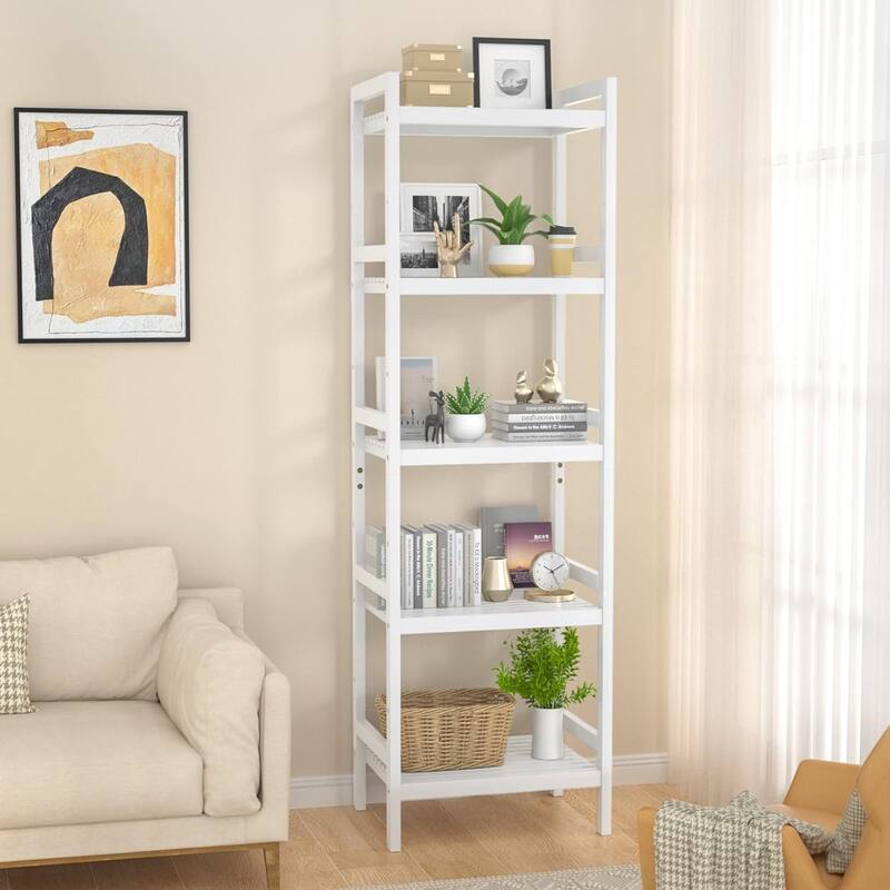 Free Standing Bamboo Bookshelf Organizer,Thick Bookcase Storage Shelving,Rust Resistance,Easy Assemble - 5-Tiers - White