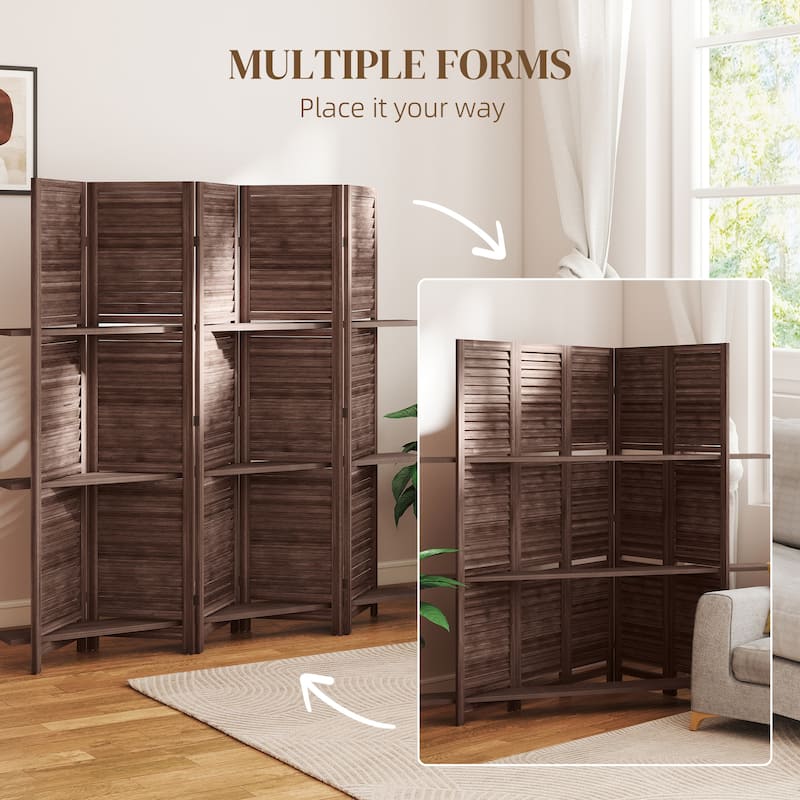 HOMCOM 5 Panel 67" Tall Wood Room Divider, Privacy Screen with 3 Display Shelves, and Folding Storage for Bedroom or Home Office