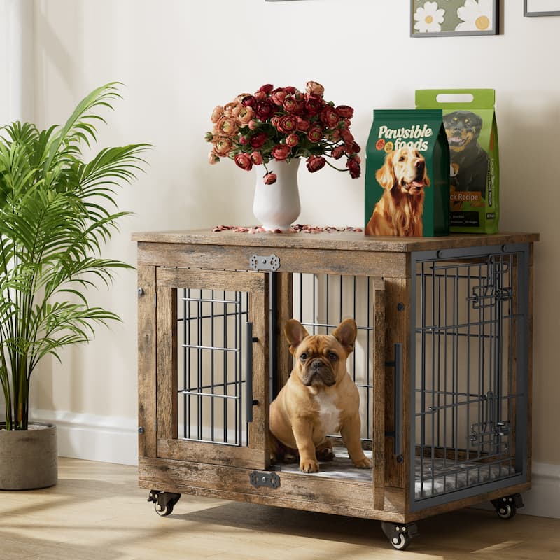 Dog Crate Indoor Heavy Duty Double Doors Wooden Dog Cage with Cushion