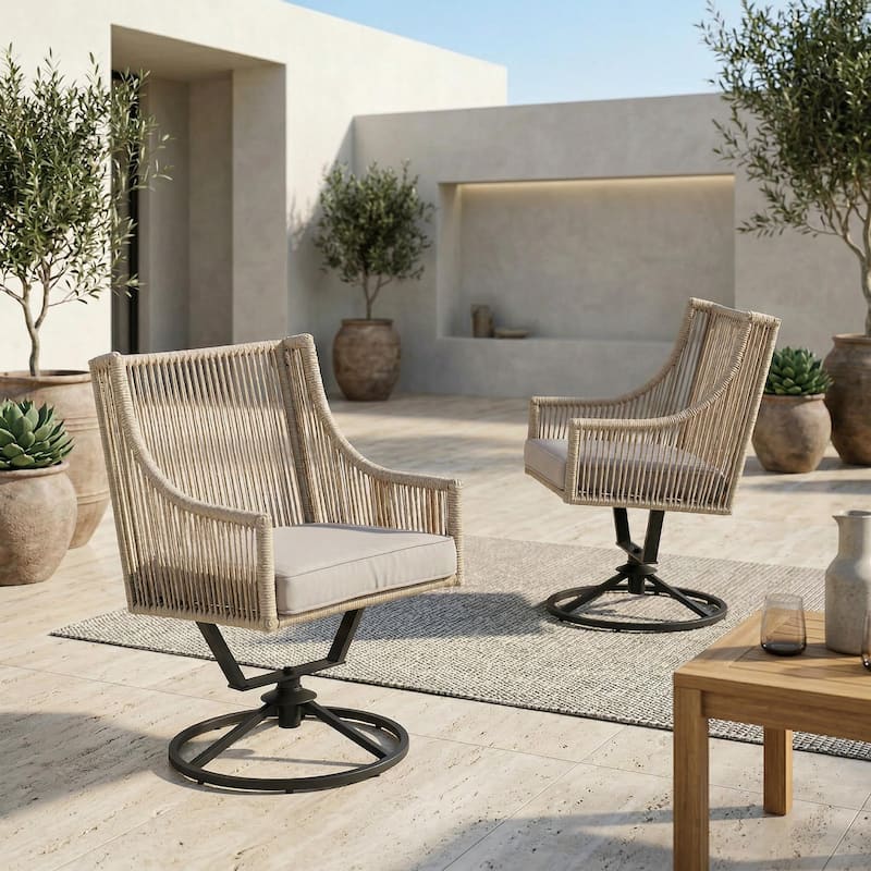 Outdoor Wicker Swivel Chairs with Cushion (Set of 2)
