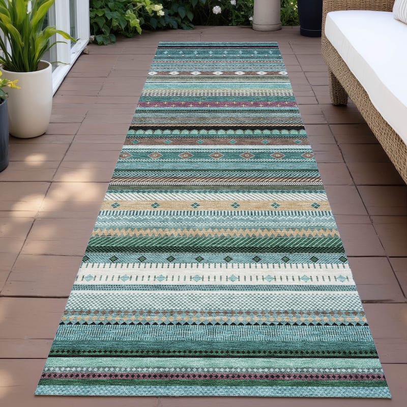 Machine Washable Indoor/Outdoor Boho Stripes Chantille Rug - Teal - 2'3" x 7'6"