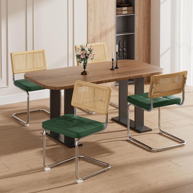 Modern 2 Piece Natural Rattan Dining Chair with Solid Wood Backrest, Cushions for Kitchen Dining Room Living Room Bedroom - Green