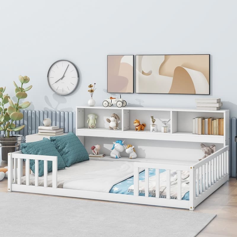 Wood Floor Bed with Bedside Bookcase,Shelves,Guardrails