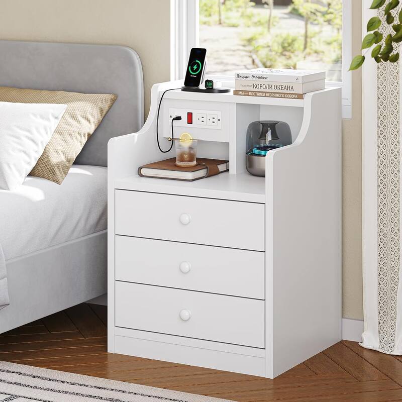 Nightstand with Drawers Charging Station End Side Table with Hutch