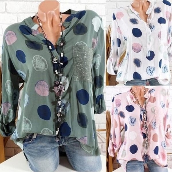 Women V-neck Polka Dot Loose Shirt Blouse Top Plus Size