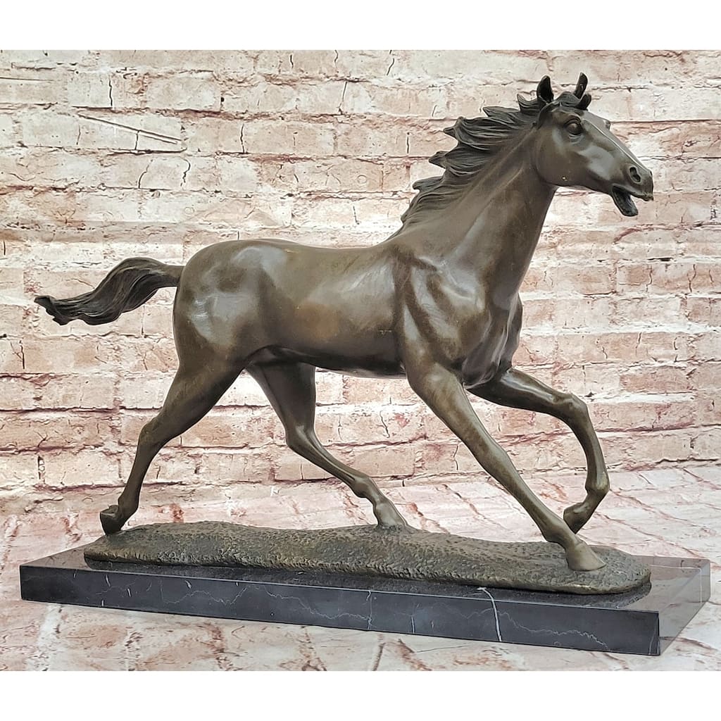 Milo Running Imitative Horse Bronze Sculpture – Realistic Equine Art On Marble Base