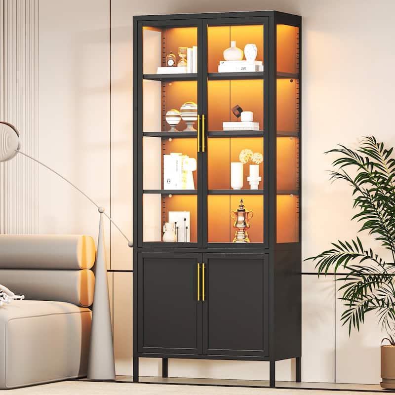 6-Tier Tempered Glass Curio Display Cabinet with 4 Doors, Adjustable Shelves, 13 Color Lights - Black