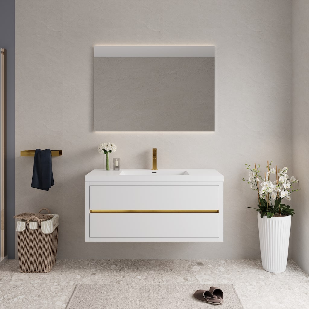 Wall-Mounted Bathroom Vanity with White Stone Resin Top