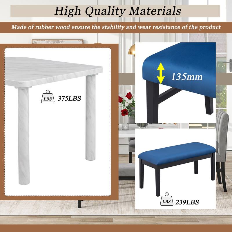 Elegant 6Piece Dining Table Set with Marble Veneer Table Bed Bath