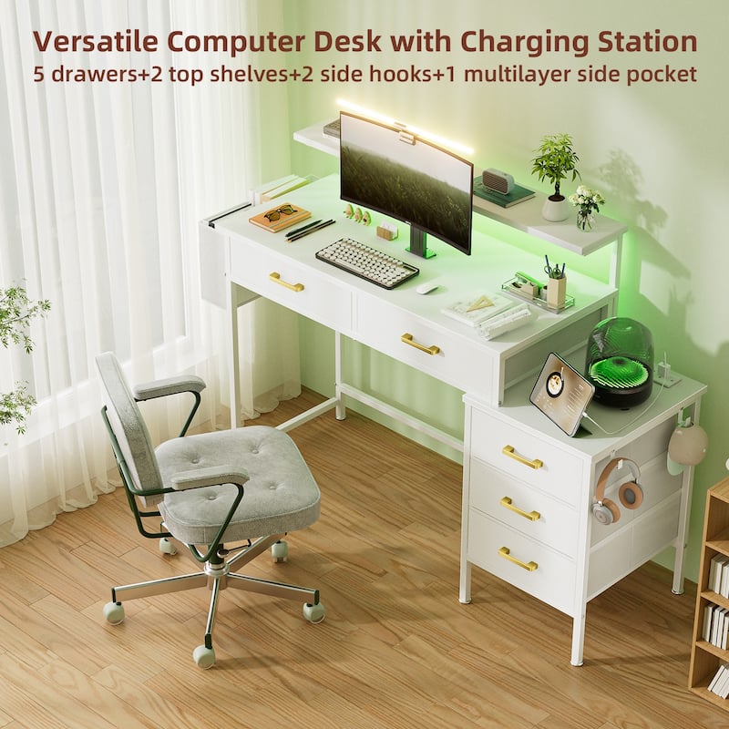 Multi - Use White Desk: 5 Drawers, Monitor Hutch, Outlets, LED Lighting – Fits Home Office, Study & Hobby Areas