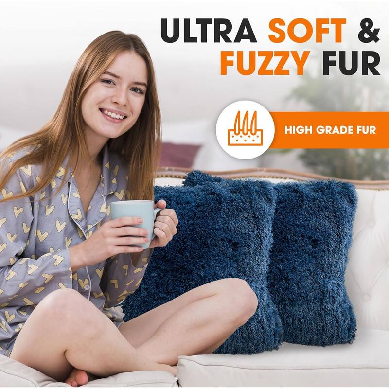 Cheer Collection Super Soft Shaggy Long Hair Throw Pillows Set of 2 Plush Accent Cushions
