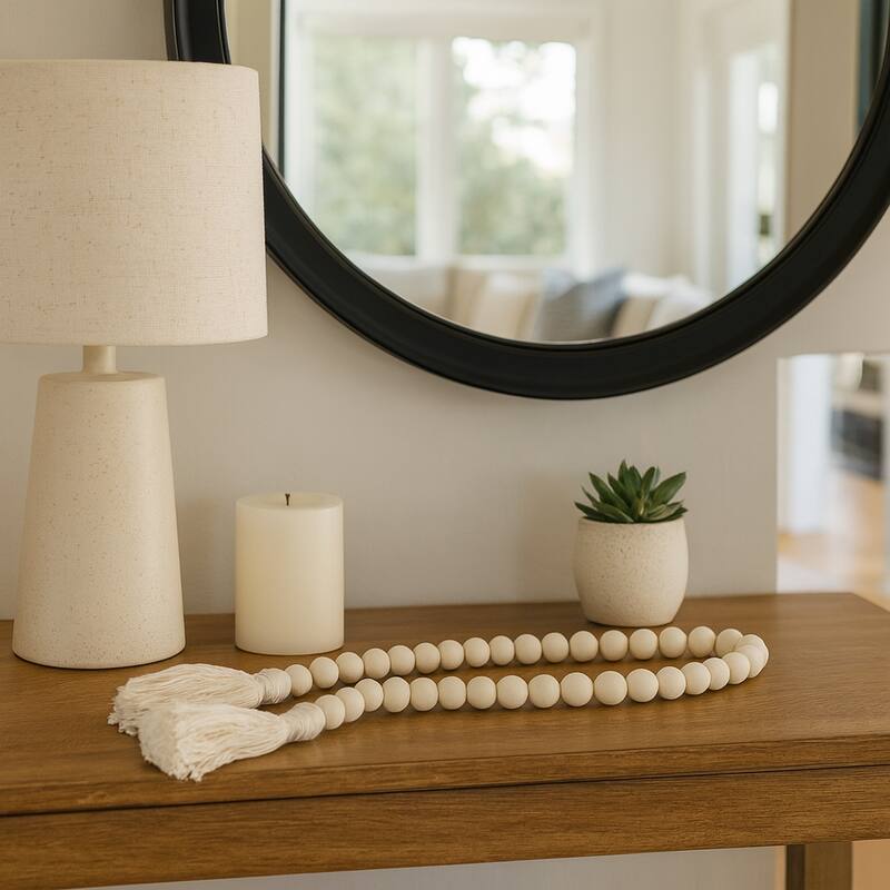 Wood Beads, Natural Finish, Bohemian Macrame Wall Decor and Home Accent for Living Rooms and Bedrooms - 45" x 1" x 1" - Brown