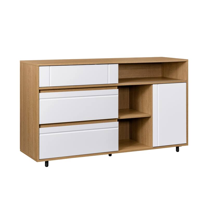 Contemporary Detailed-Door Sideboard with Open Storage - Dark Espresso / Solid Black