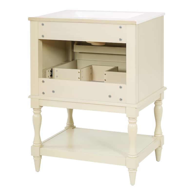 Retro Small Bathroom Vanity with Open Shelf, Ceramic Sink Cabinet