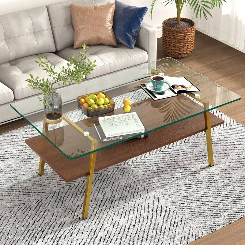 Rectangle Tempered Glass Coffee Table with Metal Legs - Brown/Gold/Transparent