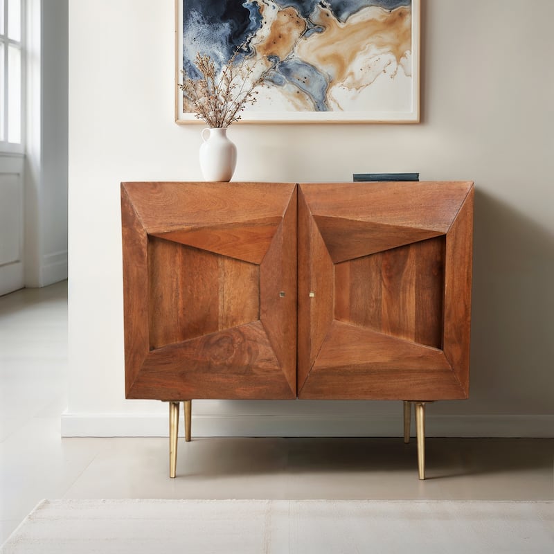 Wood Cabinet Modern Dimensional Front Panel Tapered Legs - 32" Brown - 38" x 18" x 32" - Brown