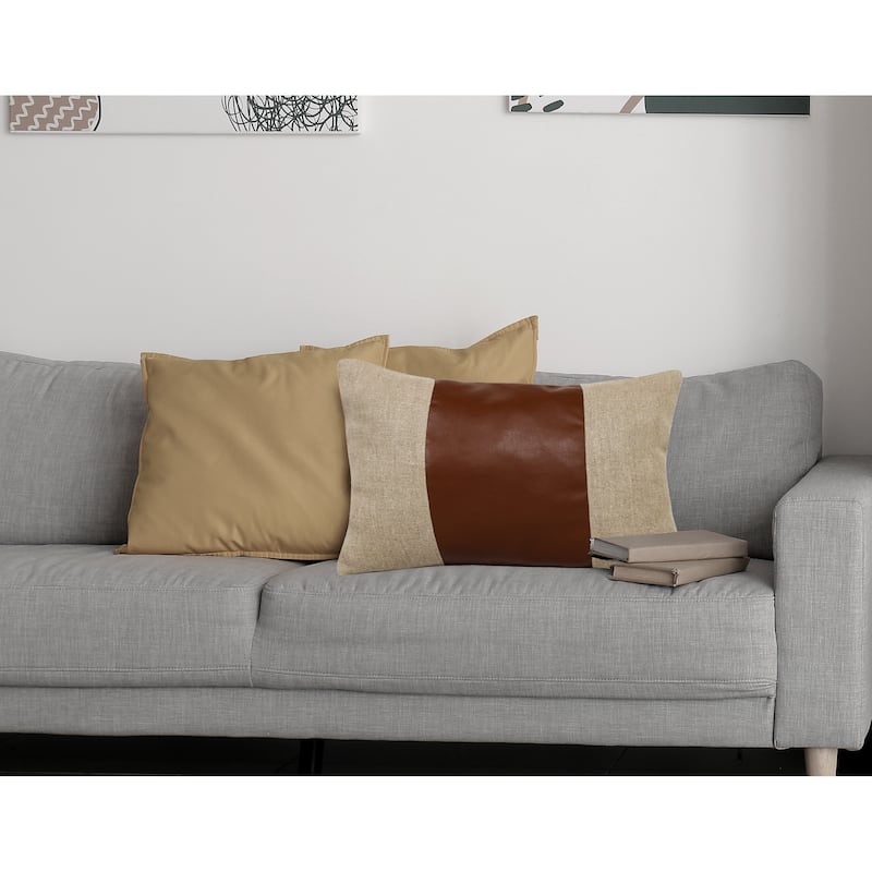 Sevita Hand-Woven Tan/Brown Striped Industrial Linen Throw Pillow, 14" x 20"