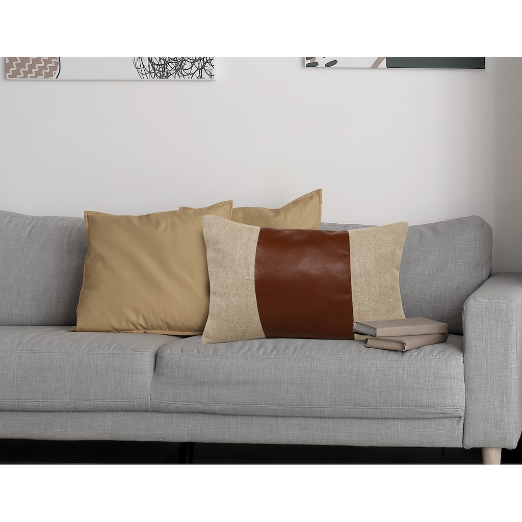 Sevita Hand-Woven Tan/Brown Striped Industrial Linen Throw Pillow, 14" x 20"