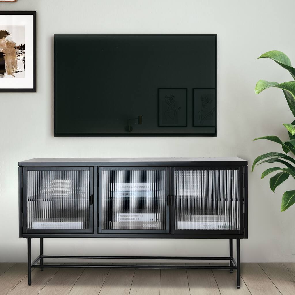 Black 47.4" TV Stand with Wide Countertop Glass Doors and Adjustable Shelves for Living Room