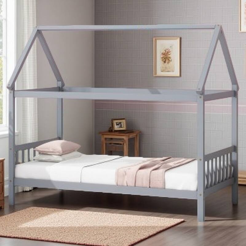 Twin Size Solid Wood House Frame Platform Bed, with Headboard and Footboard, with Underbed Storage Space, Minimalist Kids Bed - LIGHT GREY
