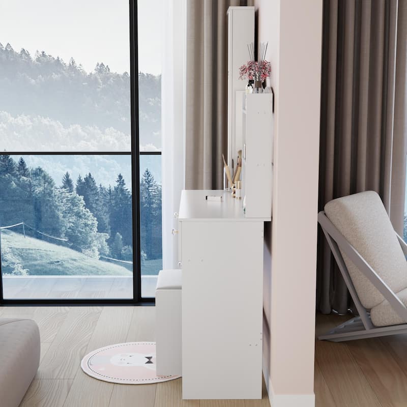 Full Body Mirror Cabinet + Round Mirror LED Vanity Table + Cushioned Stool, 17" diameter LED Mirror, Touch Control