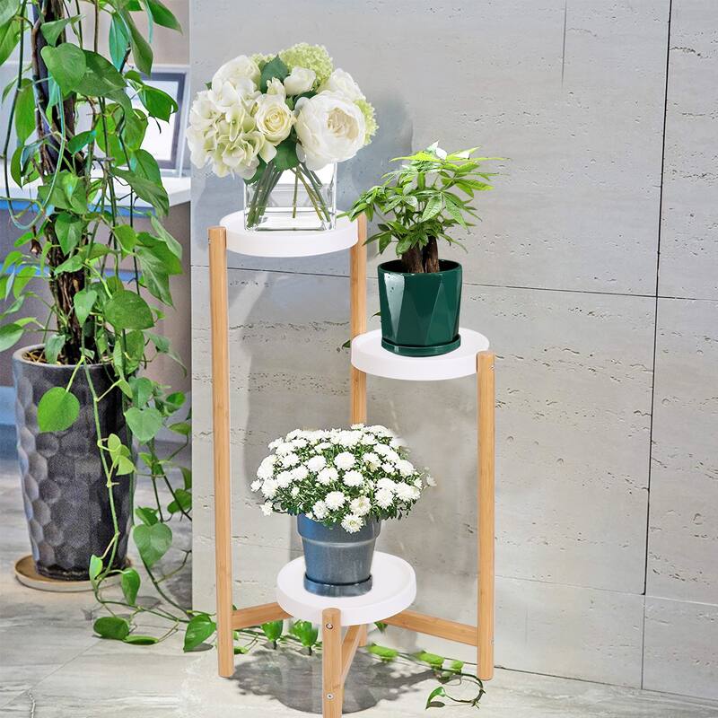 Solid Bamboo Tall Plants Stand Pot Holder Display Rack Indoor&Outdoor - Natural Wood and White
