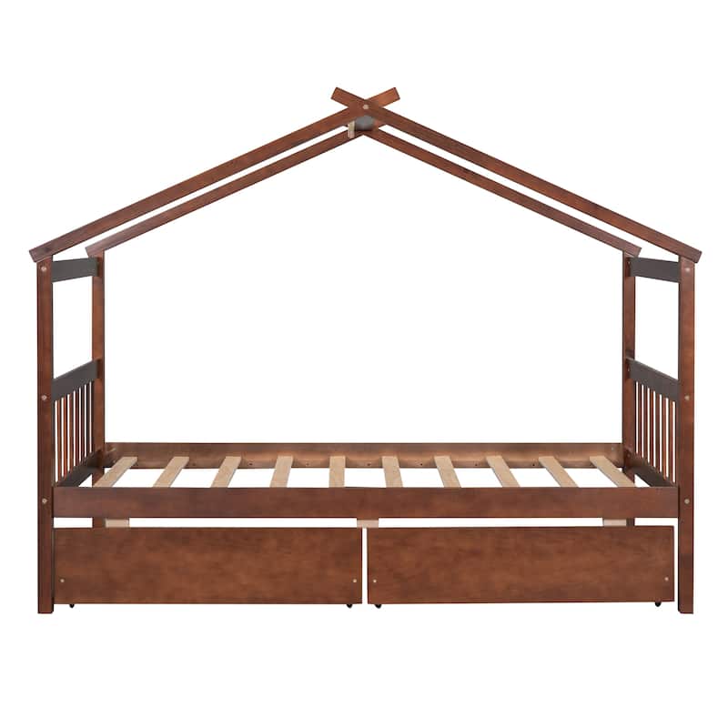 Kids' Twin/Full Wooden House Bed with Drawers, House-Shaped Frame, and Pine Wood Construction