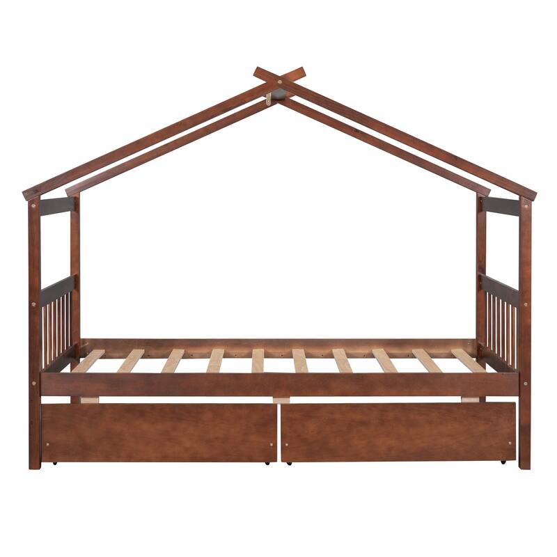 Twin Size Wooden House Bed with Drawers, Kids House-Shaped Daybed with Roof and Storage, Pinewood Frame, No Box Spring Needed