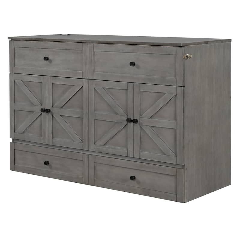 Queen Size Murphy Bed with Large Drawers & USB Ports,Brushed Gray