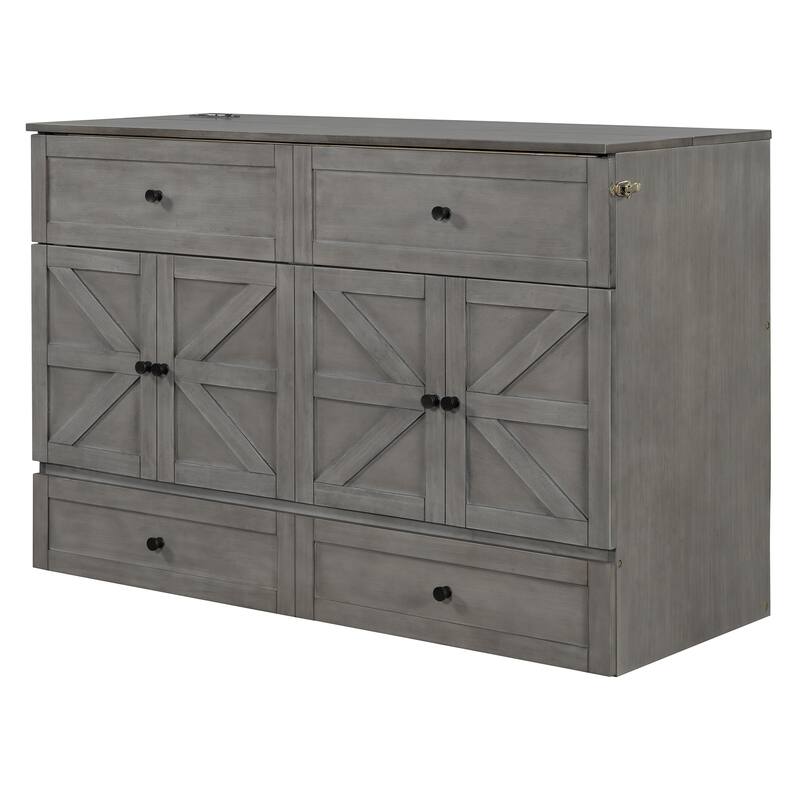 Queen Size Space-Saving Murphy Bed with Storage Drawers and USB Ports, Brushed Gray