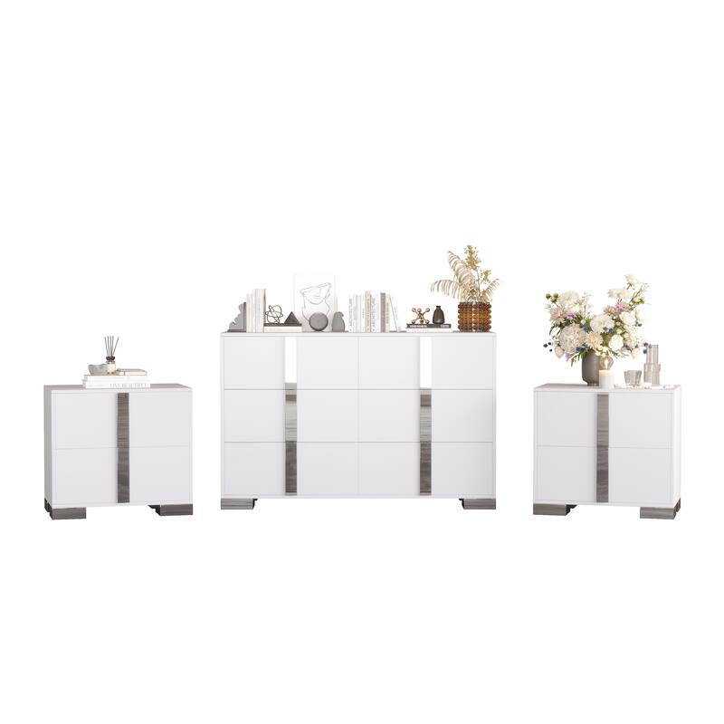 Roomfitters 3-Piece Bedroom Set, Elegant 6-Drawer Dresser and 2 Nightstands with Metal Handles