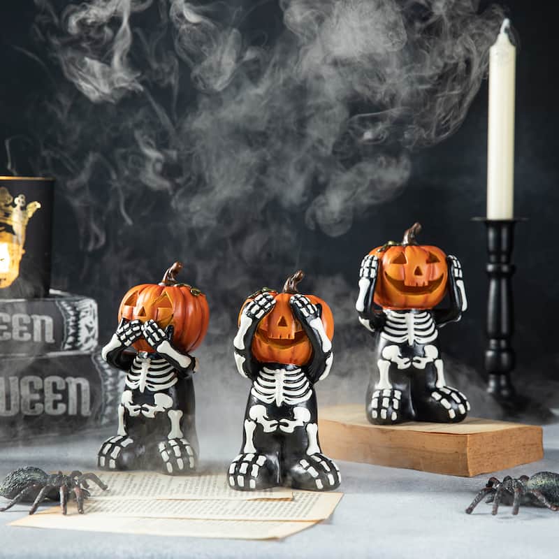 Glitzhome 5.75"H Set of 3 Halloween Resin Skeleton Pumpkin Table Decor - Black