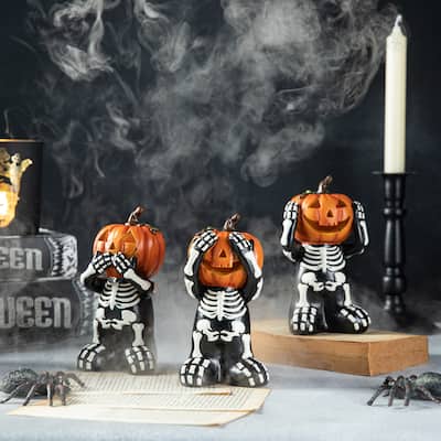 Glitzhome 5.75"H Set of 3 Halloween Resin Skeleton Pumpkin Table Decor - Black