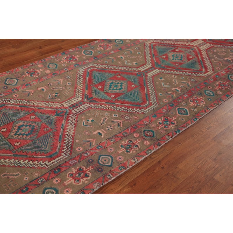 Tribal Geometric Ardebil Persian Runner Rug Hand-Knotted Wool Carpet - 3'7"x 12'0"