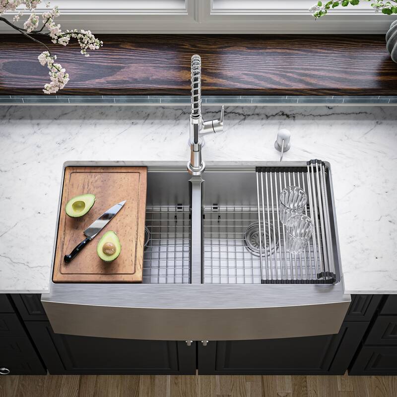 Karran Elite WSA-48-PK1 Apron Front Farmhouse 36" Double Bowl Stainless Steel Workstation Sink